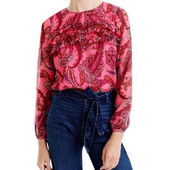 J. Crew Ruffle Front Paisley Silk Blouse - Picture 1 of 6